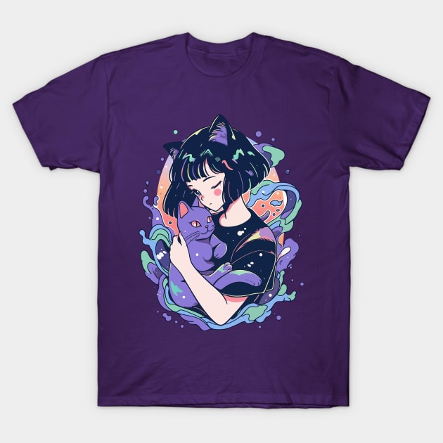 ‘80 anime style cat eared girl and a cat T-Shirt by Shinzomaru 